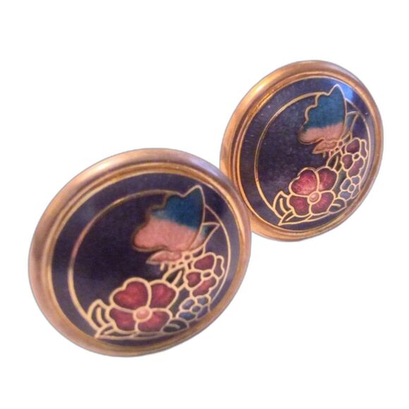 Vintage Gold Tone Purple Flower and Butterfly Cloisonne Clip Earrings - Picture 2 of 5
